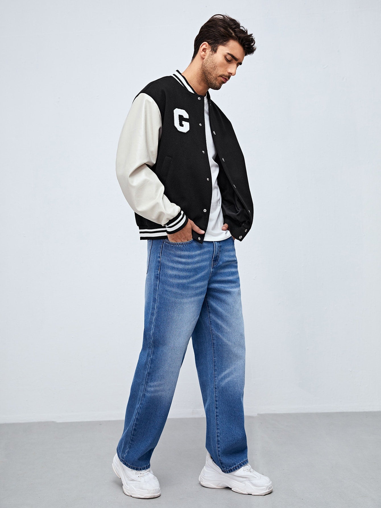 Black Drop Shoulder Letter Patched Color Block Bomber Jacket