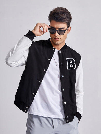 Floerns Men's Letter Graphic Print Long Sleeve Color Block Baseball Jacket  Black and White S at  Men's Clothing store