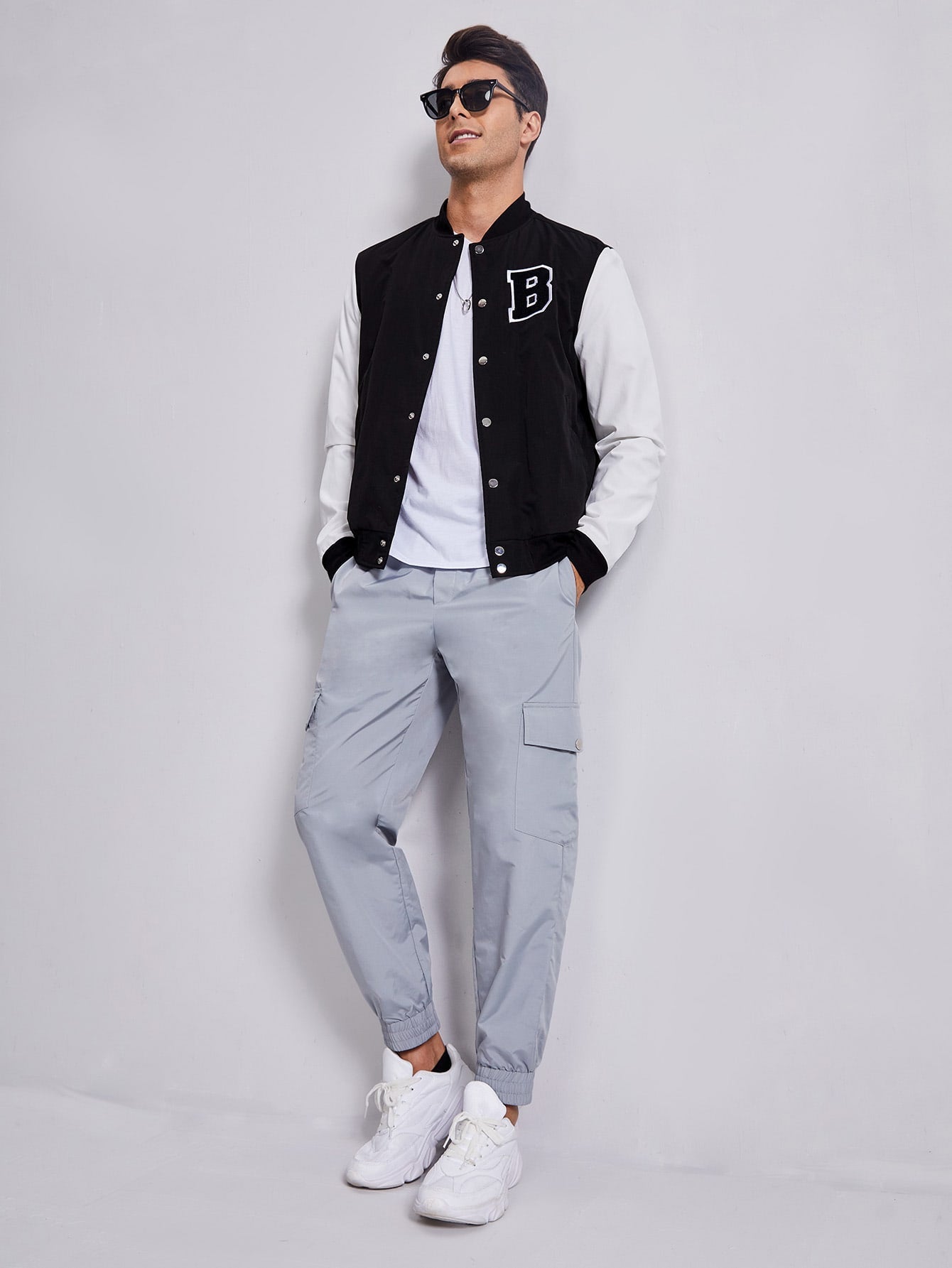 Black Letter Graphic Baseball Collar Bomber Jacket