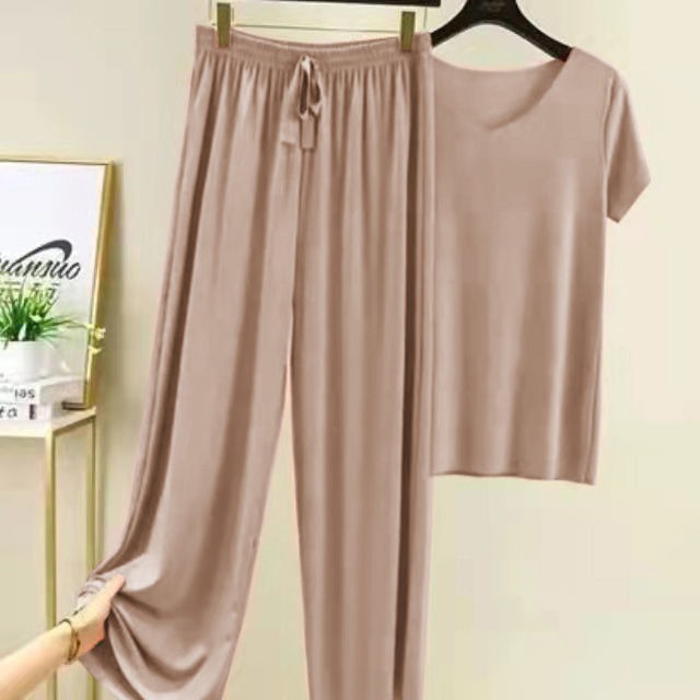 Ice Silk Short Sleeve T-Shirt Two Piece Set Loose Wide-leg Pants