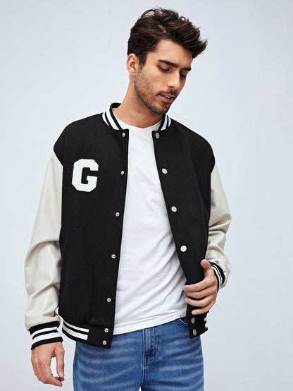 Black Drop Shoulder Letter Patched Color Block Bomber Jacket